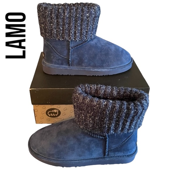 Lamo Shoes - LAMO Suede Empire Ankle High Fleece Boot with Rib-Knit Sweater Cuff~Navy~Size 7